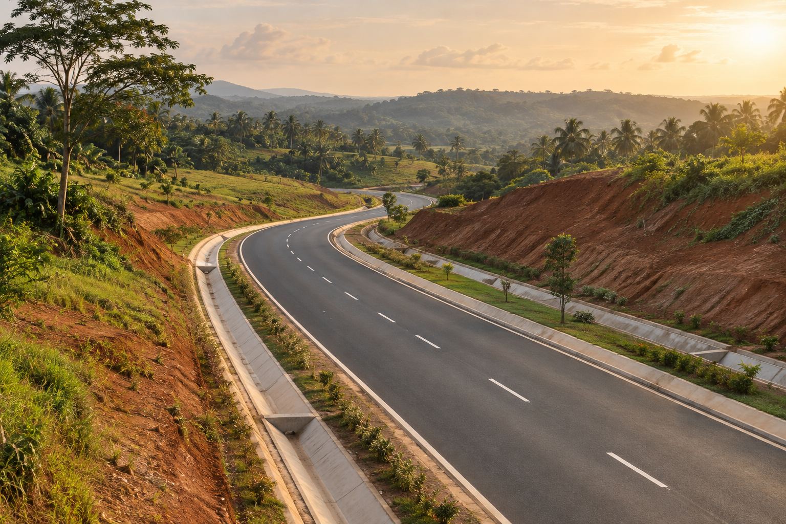 Route et ouvrages de drainage en paysage tropical, illustration des travaux publics.